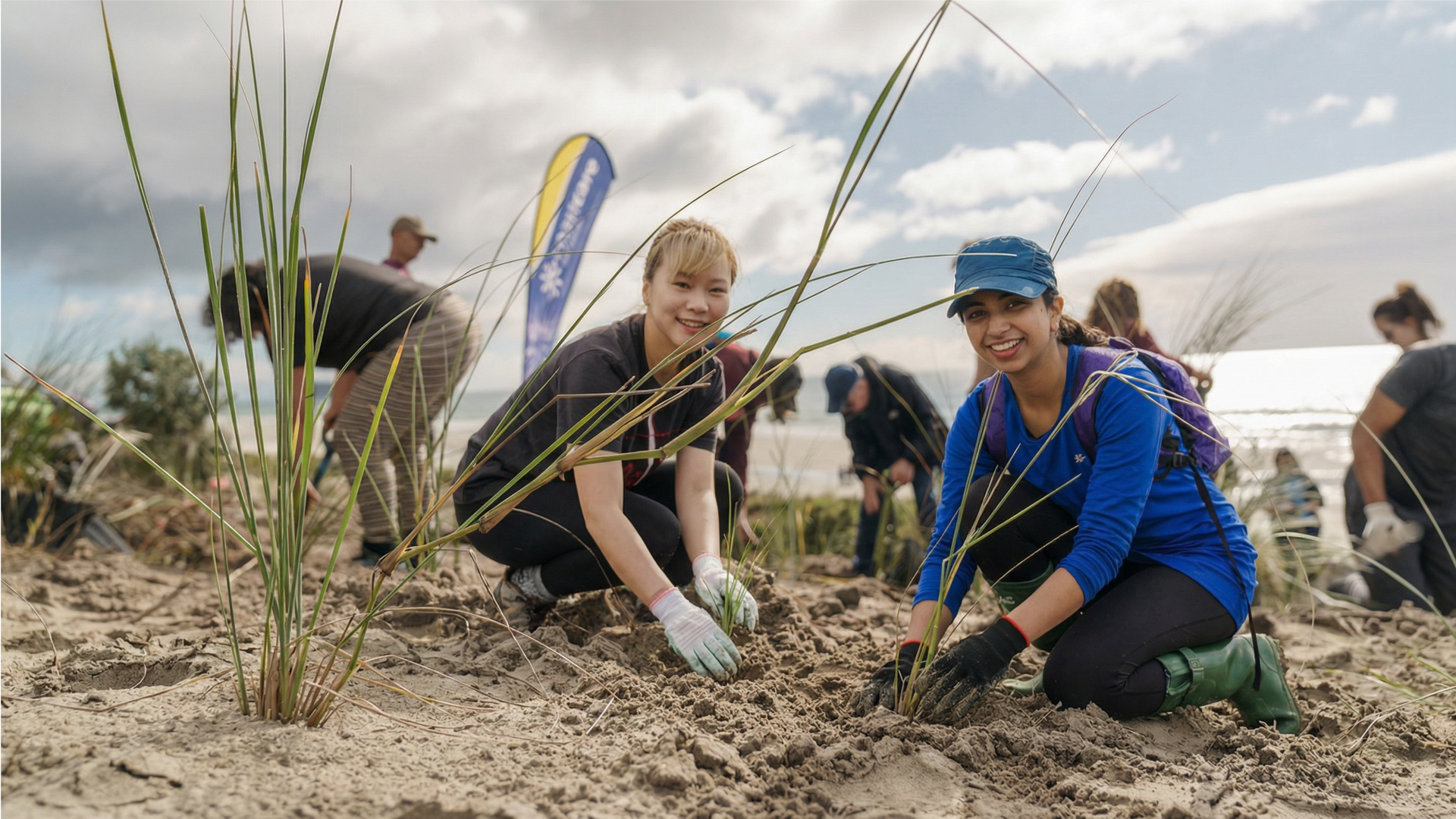 Volunteers planting native grasses on sand dunes in Ōpōtiki