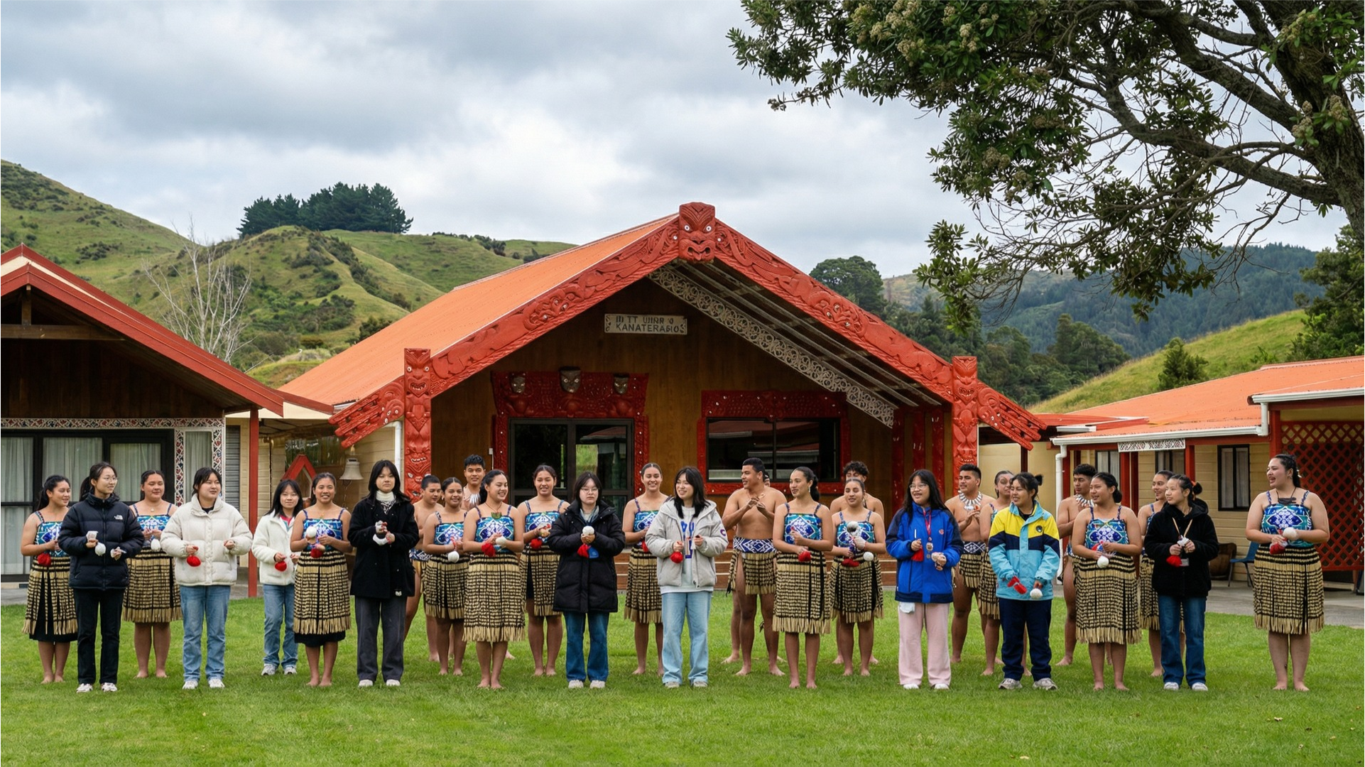 Visitors and hosts gathered in front of a wharenui on a marae